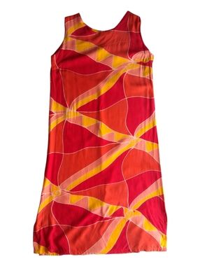 Vintage Dress Maxi Beach Sundress Red Orange Abstract Batik Print Size L